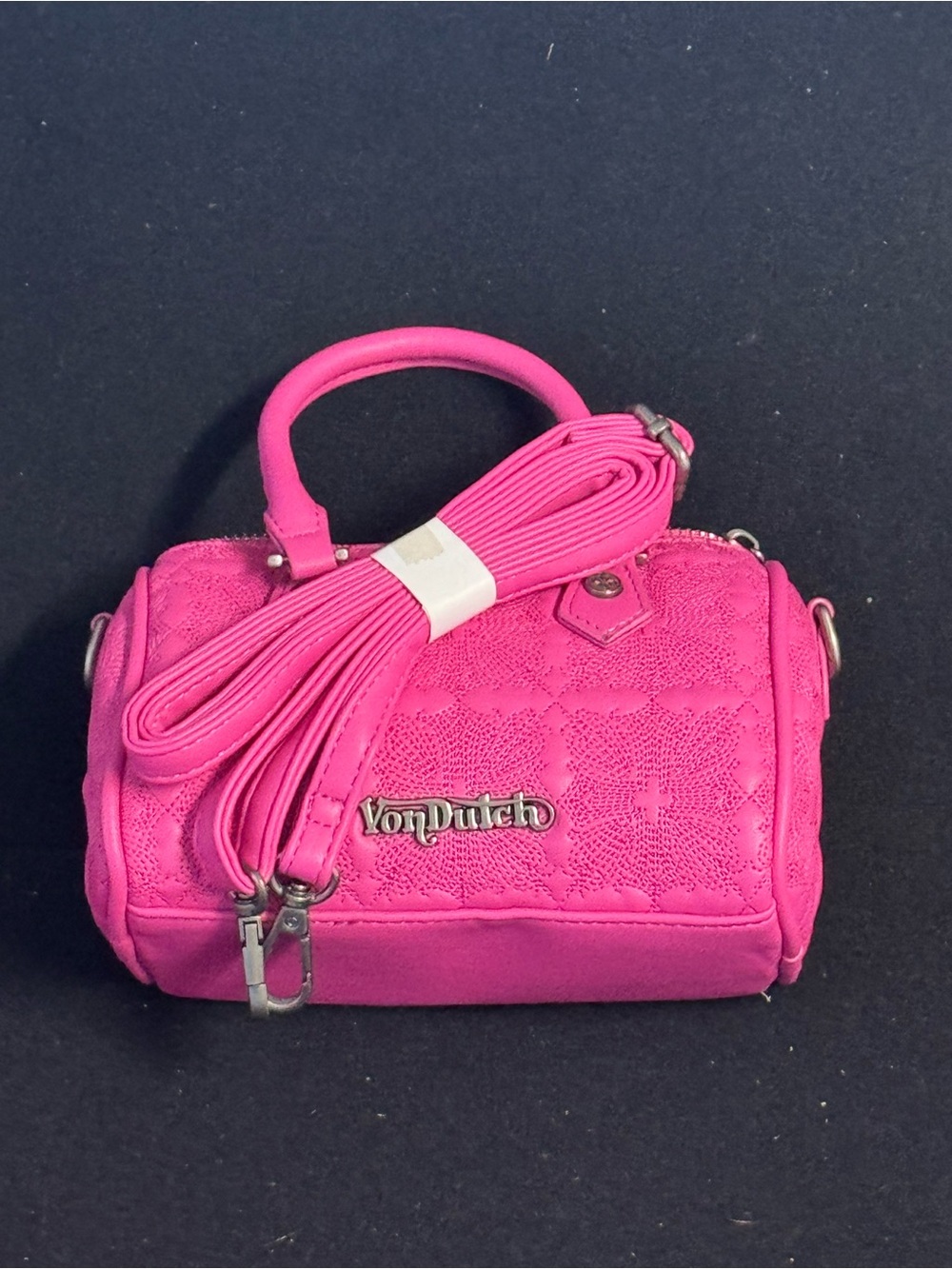 Von Dutch Bubble Gum Pink Hanna Bag Embroidered Mini Barrel Crossbody NWOT